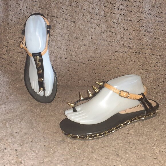 JEFFREY CAMPBELL-Judas-Black Patent Spikes-Beige Ankle Strap-Chain-Sz 10-EX - Picture 1 of 10